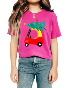 Kids cute Christmas tree car print round neck short sleeve pink t-shirt casual top
