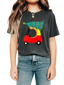 Cute christmas tree car graphic short sleeve t-shirt casual crewneck holiday tee for kids top