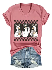 Γυναικείο casual T-shirt με V-neck και κοντό μανίκι με χαριτωμένο σχέδιο από πάπιες.