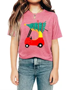 Close-up of the cute Christmas tree car graphic printed on the soft pink short sleeve t-shirt.