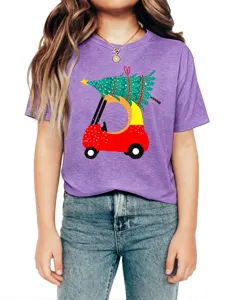 Kids casual purple short sleeve t-shirt featuring a cute Christmas tree car graphic design.