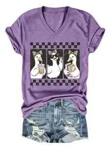 Άνετο καθημερινό γυναικείο casual T-shirt με V-λαιμόκοψη και χαριτωμένη στάμπα πάπιας.