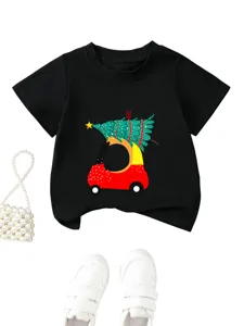 Close up details of kids Christmas tree car graphic crewneck short sleeve t-shirt.