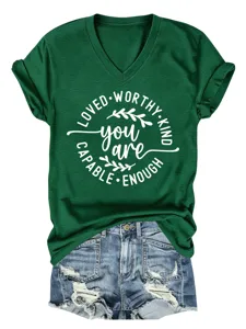 Dames V-Hals Korte Mouw Casual T-Shirt Inspirerende Letter Print Groene Top Zomer
