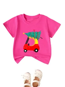 Pink short sleeve children t-shirt with cute Christmas tree car print, summer kids top.