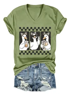 Γυναικείο casual λαδί V-neck κοντομάνικο T-shirt με χαριτωμένο σχέδιο με τρεις πάπιες.