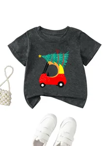 Kids Christmas tree car graphic short sleeve t-shirt, casual children summer top.
