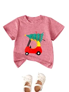Detail view of pink kids short sleeve t-shirt featuring cute cartoon car and tree graphic.