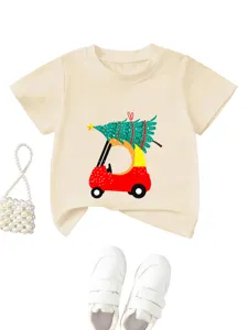 Kids beige short sleeve t-shirt featuring a cute Christmas tree car graphic print detail.
