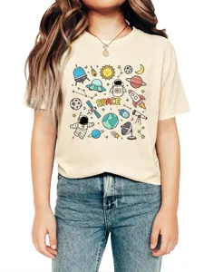 Detailed view of the casual short sleeve t-shirt featuring cute cartoon space graphics.
