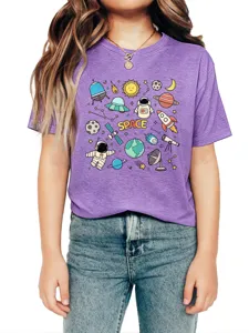 Casual space print short sleeve t-shirt for kids, comfortable purple cotton blend crewneck.