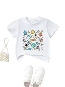 Kids casual short sleeve round neck t-shirt with cute space planet cartoon print design.