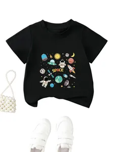 Details of the black kids short sleeve t-shirt featuring fun space cartoon print design.