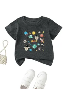 Detailed close-up view of the kids short sleeve t-shirt featuring a fun space graphic print.