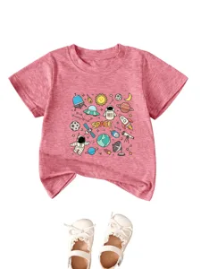 Detailed view of kids pink short sleeve t-shirt with cute space astronaut graphic print.
