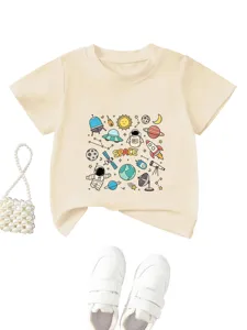 Kids casual short sleeve cotton t-shirt with cute space astronaut cartoon print design.