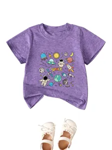 Casual neutral children's short sleeve t-shirt with space planet astronaut cartoon print.