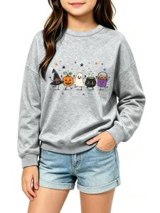 Kinder süßes Halloween Grafik Sweatshirt mit lustigem Kürbis Geist und Hexenhut Motiv.