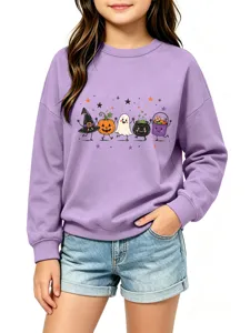 Kinder süße Halloween Cartoon Print Sweatshirt Detail, lässiger Langarm Pullover für Kinder.