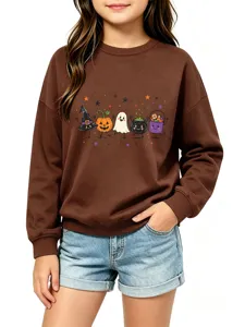 Detailansicht des braunen Langarm-Sweatshirts mit niedlichem Halloween Print und Geist.