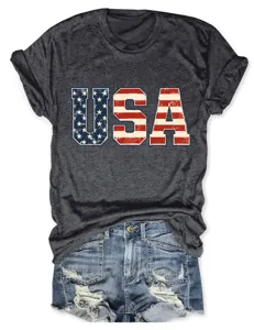 Γυναικείο casual κοντομάνικο t-shirt με τύπωμα σημαίας ΗΠΑ και άνετη στρογγυλή λαιμόκοψη.