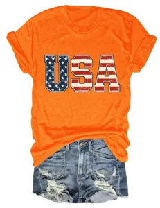 Γυναικείο T-Shirt με Αμερικανική Σημαία USA Γράμμα Εκτύπωση Κοντό Μανίκι Πορτοκαλί