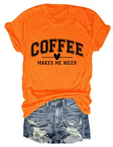 T-shirt femme decontracté orange à col rond et manches courtes imprimé lettres café