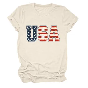 Γυναικείο casual t-shirt κοντό μανίκι με σχέδιο σημαία USA, άνετη στρογγυλή λαιμόκοψη βασικό.