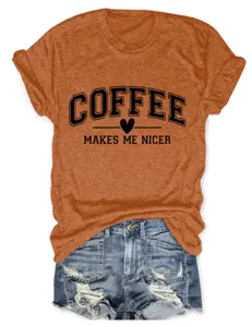 Femme decontracte col rond manches courtes t-shirt impression de cafe haut d'ete