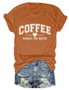 T-shirt à manches courtes et col rond pour femmes confortable avec imprimé café.