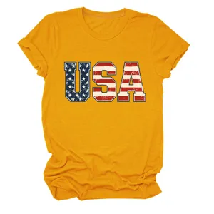 Γυναικείο casual κίτρινο κοντομάνικο t-shirt με τύπωμα γράμματα σημαίας ΗΠΑ.