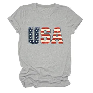 Γυναικείο casual κοντομάνικο t-shirt με τύπωμα USA σημαίας, άνετη στρογγυλή λαιμόκοψη.