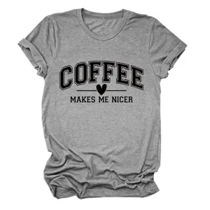 T-shirt à manches courtes gris décontracté pour femme avec imprimé lettres café.