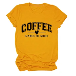T-shirt décontracté à col rond et manches courtes pour femme avec imprimé café pour tous les jours.