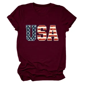 Γυναικείο casual κοντομάνικο t-shirt σε μπορντό χρώμα με τύπωμα σημαίας USA στο στήθος