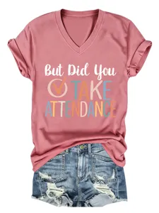 Detailed view of the casual V-neck short sleeve graphic tee with stylish text print.
