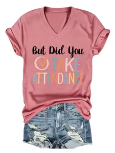 Women casual V-neck short sleeve graphic printed t-shirt with stylish denim shorts
