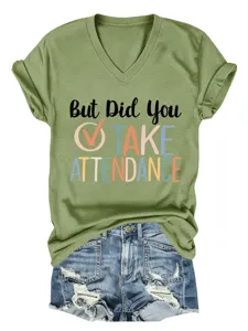 Casual green v-neck short sleeve t-shirt with funny letter print detail for women daily wear.