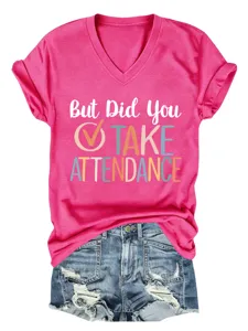 Women casual V-neck short sleeve hot pink t-shirt with funny letter print and denim shorts.