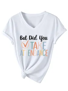 Women Casual White V-neck Short Sleeve T-shirt with Funny Letter Print and Knot Hem Detail