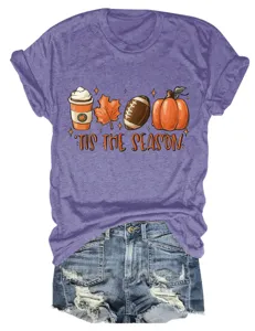 Donna autunno grafica manica corta t-shirt casual stampa zucca top viola vista dettagli.