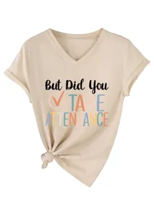 Casual V-neck short sleeve tee with graphic print and front knot detail for women everyday wear.