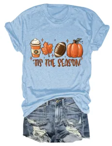 Maglietta da donna casual comoda TIS THE SEASON con stampa zucca autunnale girocollo manica corta