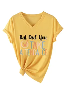 Casual women's yellow V-neck short sleeve T-shirt featuring fun graphic text print detail.