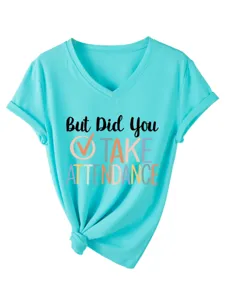 Turquoise women's V-neck short sleeve t-shirt with cute quote print and stylish hem knot.