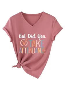 Women's V-Neck Short Sleeve Casual T-Shirt with Fun Letter Print Knot Hem Summer Top