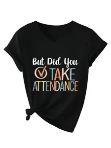 Black V-neck short sleeve women T-shirt with funny letter print and front knot design.