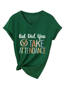 Women casual V-neck short sleeve T-shirt with funny slogan print and front knot detail.
