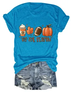 Maglietta blu manica corta con grafica autunno zucca caffè top girocollo casual donna
