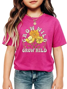 Kids graphic t-shirt featuring round neck short sleeves and cute floral slogan print for daily wear.